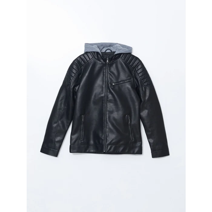 XSIDE Siyah Slim Fit Kapüşonlu Erkek Deri Görünümlü Mont