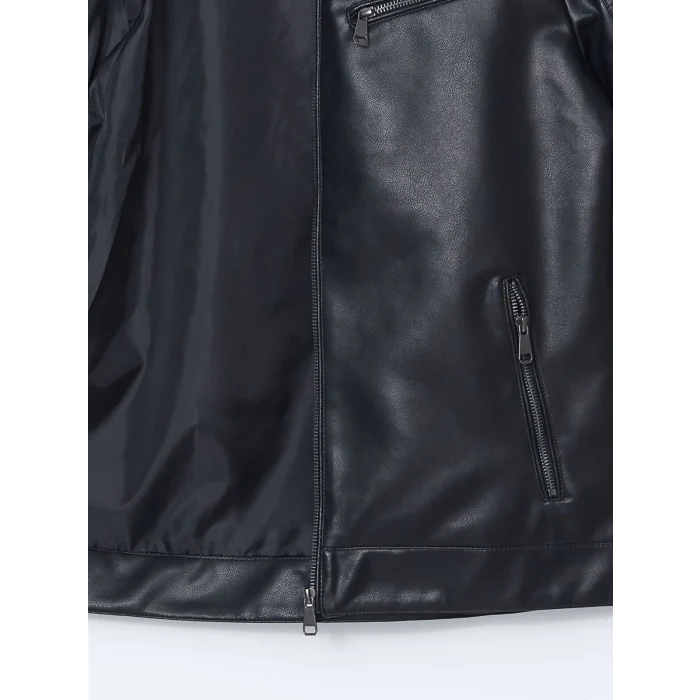 XSIDE Siyah Slim Fit Kapüşonlu Erkek Deri Görünümlü Mont