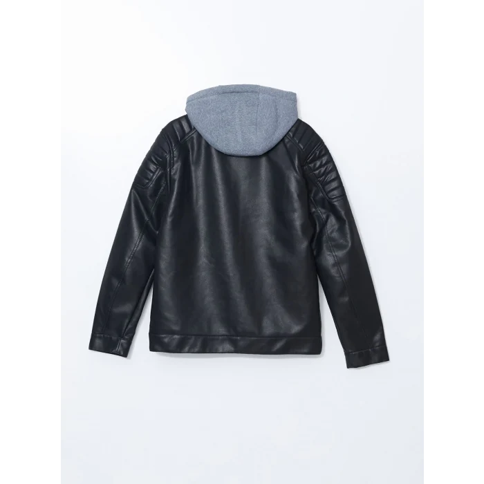 XSIDE Siyah Slim Fit Kapüşonlu Erkek Deri Görünümlü Mont