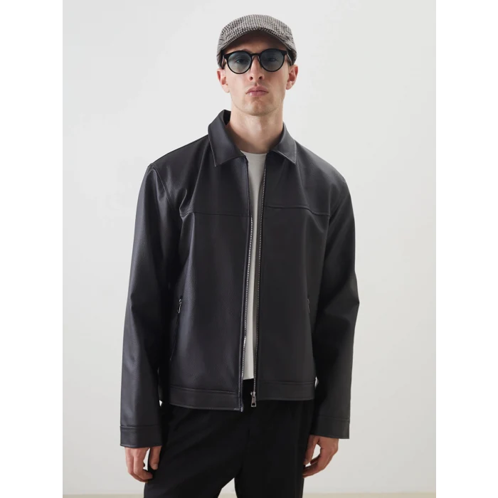 LCW Vision Siyah Standart Kalıp Gömlek Yaka Erkek Deri Görünümlü Mont