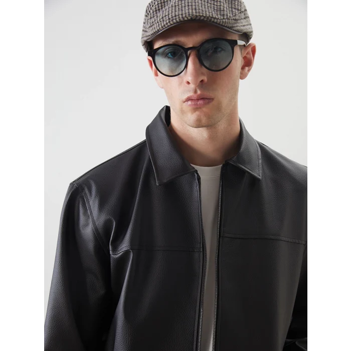 LCW Vision Siyah Standart Kalıp Gömlek Yaka Erkek Deri Görünümlü Mont