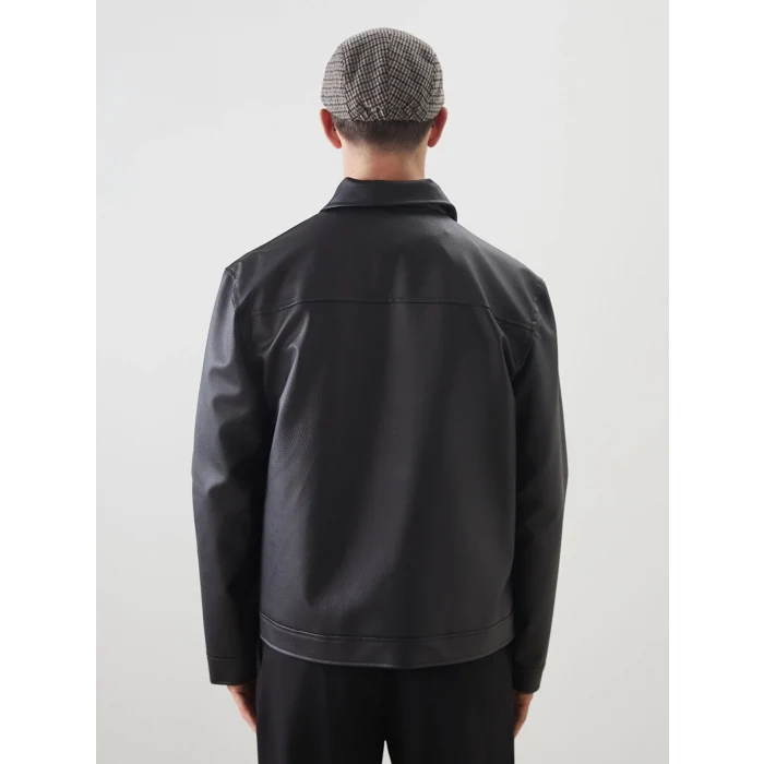LCW Vision Siyah Standart Kalıp Gömlek Yaka Erkek Deri Görünümlü Mont