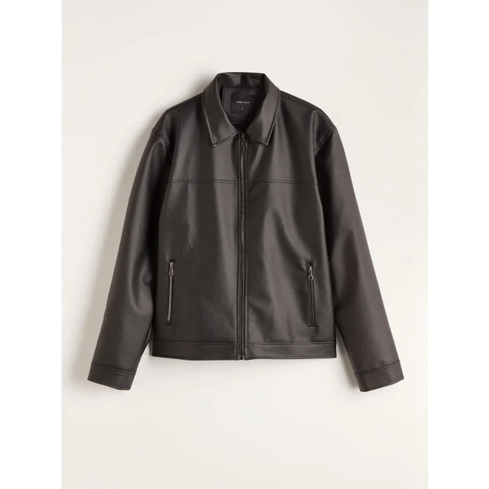 LCW Vision Siyah Standart Kalıp Gömlek Yaka Erkek Deri Görünümlü Mont