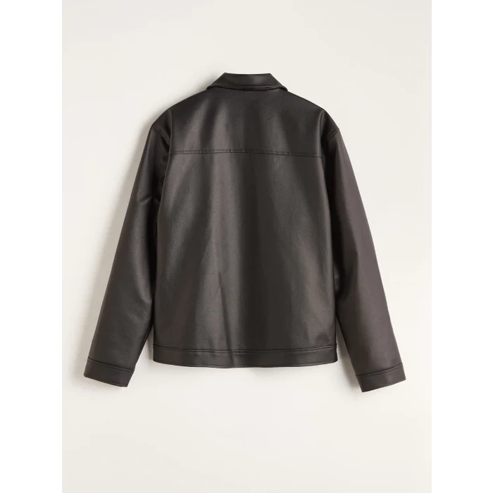 LCW Vision Siyah Standart Kalıp Gömlek Yaka Erkek Deri Görünümlü Mont