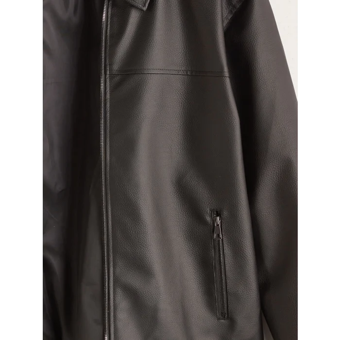 LCW Vision Siyah Standart Kalıp Gömlek Yaka Erkek Deri Görünümlü Mont