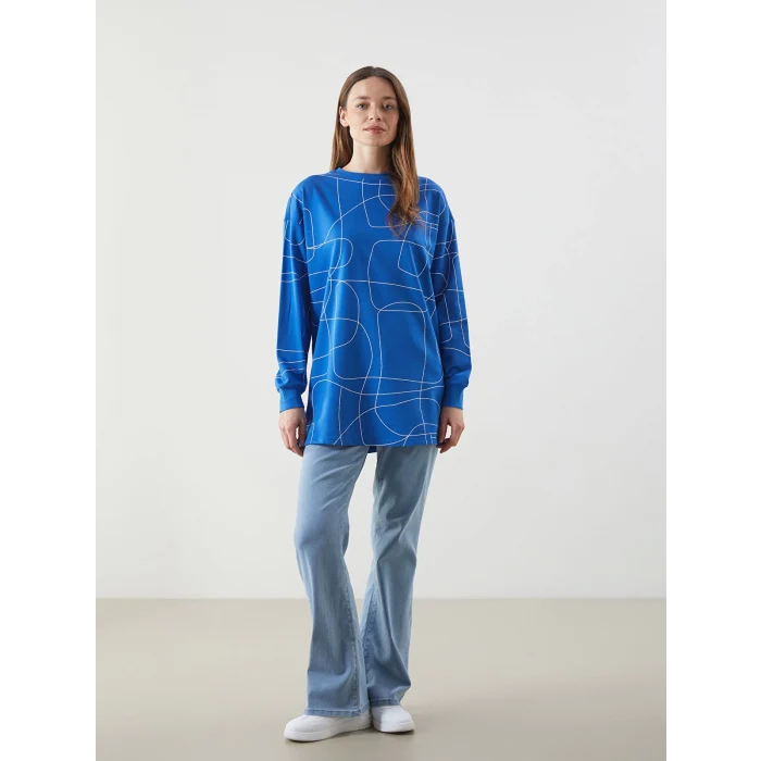 LCWAIKIKI Classic Mavi Bisiklet Yaka Desenli Oversize Kadın Sweatshirt Tunik