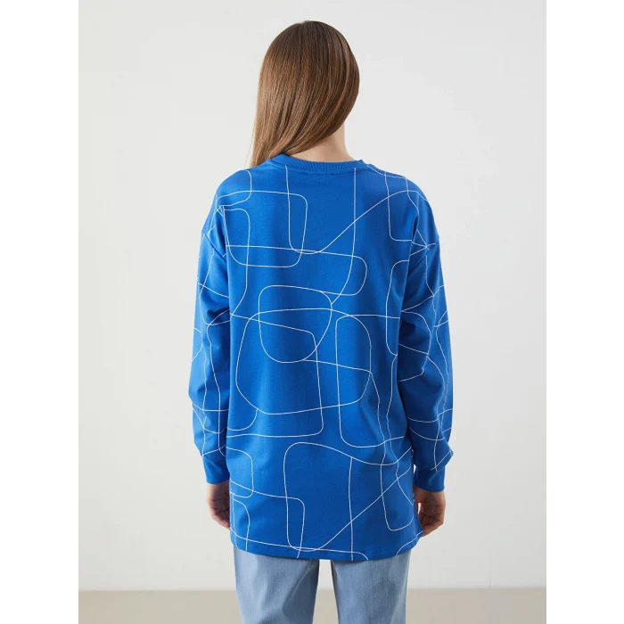 LCWAIKIKI Classic Mavi Bisiklet Yaka Desenli Oversize Kadın Sweatshirt Tunik