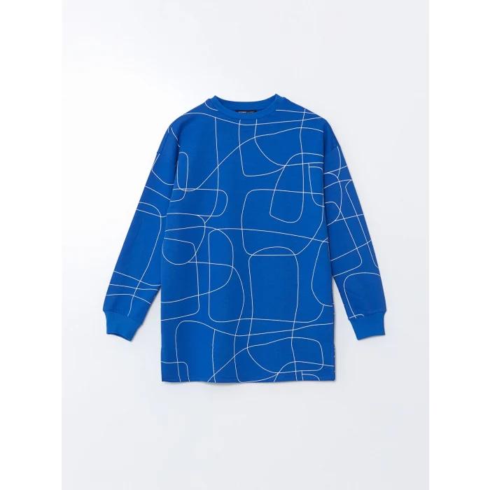 LCWAIKIKI Classic Mavi Bisiklet Yaka Desenli Oversize Kadın Sweatshirt Tunik