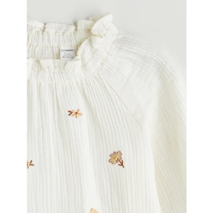 LCW Kids Ekru Fırfırlı Dik Yaka Çiçek Nakışlı Kız Çocuk Bluz