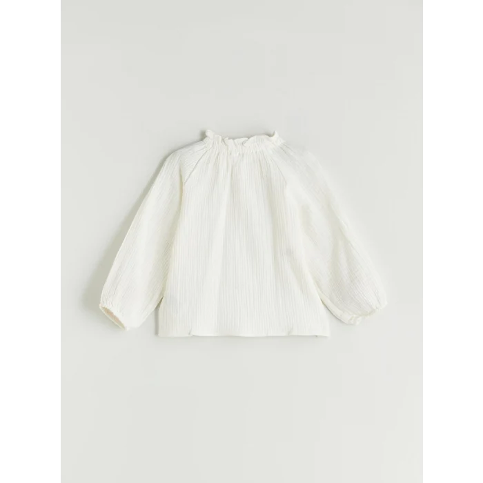 LCW Kids Ekru Fırfırlı Dik Yaka Çiçek Nakışlı Kız Çocuk Bluz