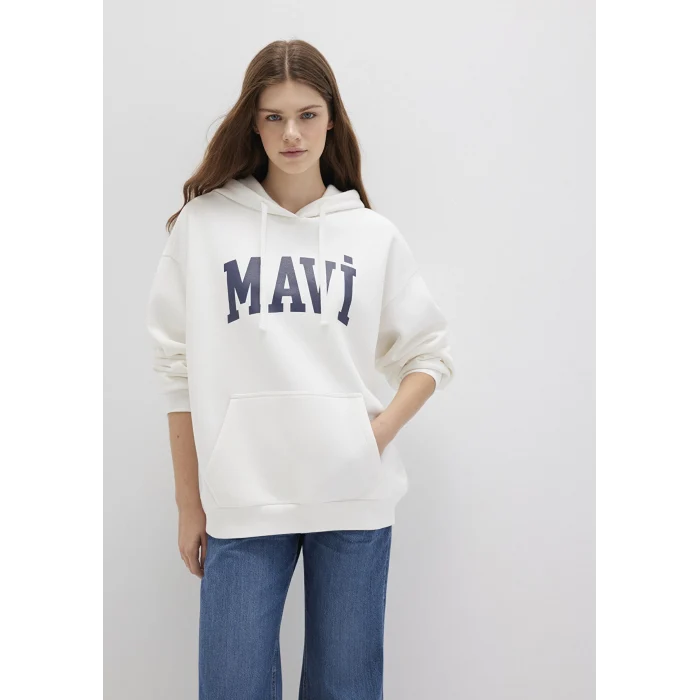 Mavi 1600361-81964 Mavi Logo Baskılı Kapüşonlu Beyaz Sweatshirt