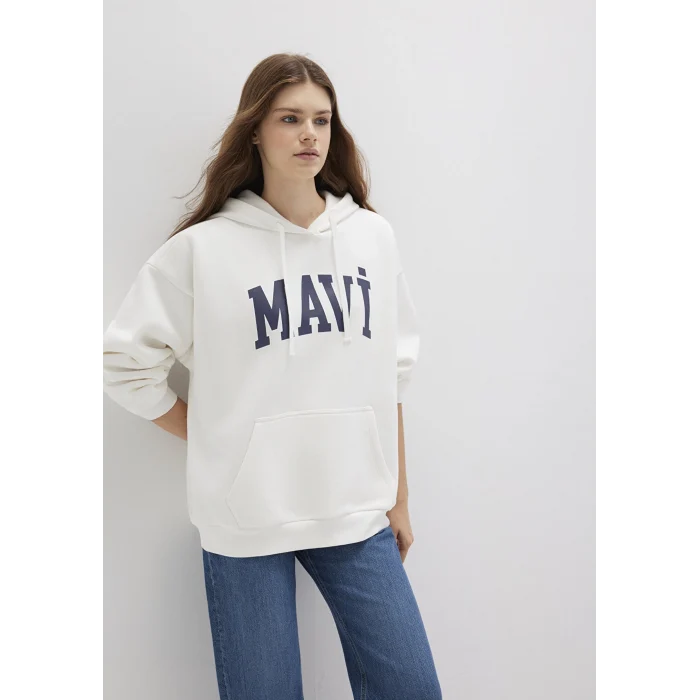 Mavi 1600361-81964 Mavi Logo Baskılı Kapüşonlu Beyaz Sweatshirt