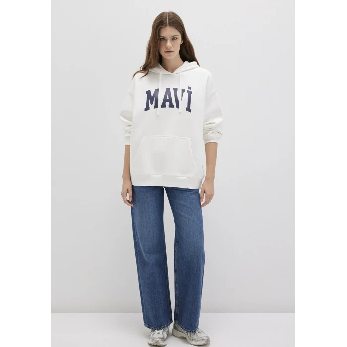 Mavi 1600361-81964 Mavi Logo Baskılı Kapüşonlu Beyaz Sweatshirt
