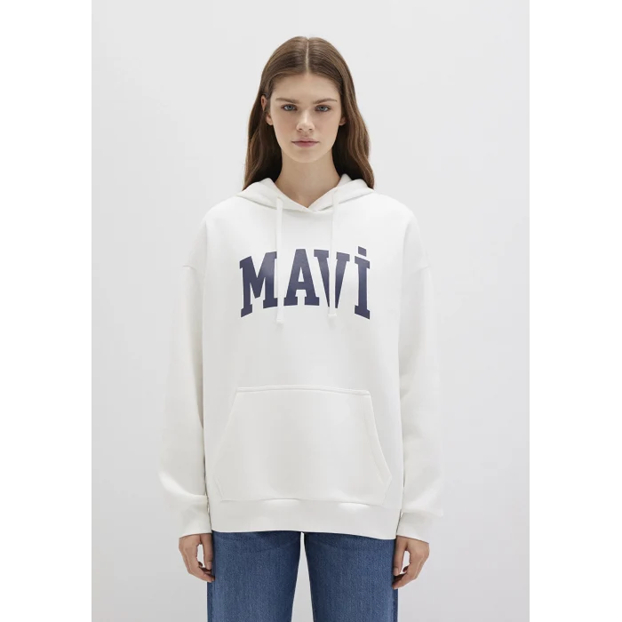Mavi 1600361-81964 Mavi Logo Baskılı Kapüşonlu Beyaz Sweatshirt
