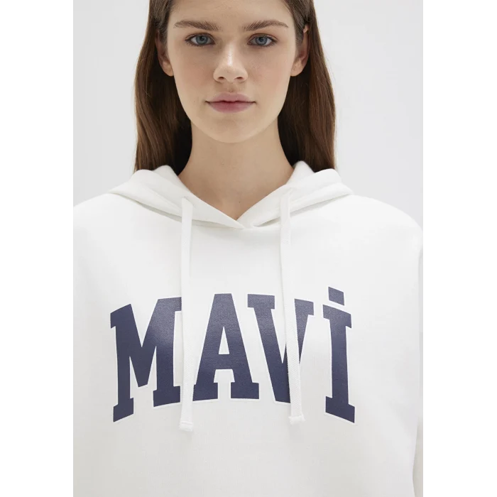Mavi 1600361-81964 Mavi Logo Baskılı Kapüşonlu Beyaz Sweatshirt