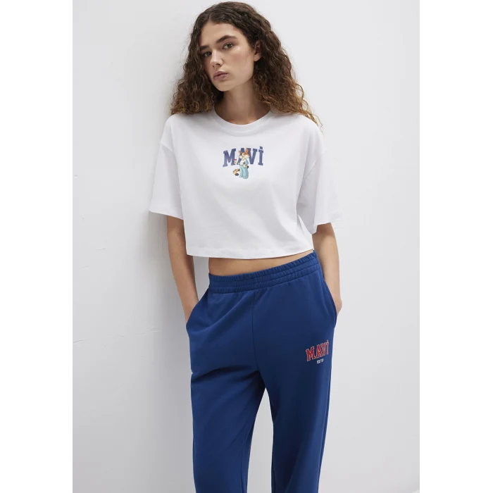 Mavi 1613284-620 Kedi Logo Baskılı Beyaz Tişört