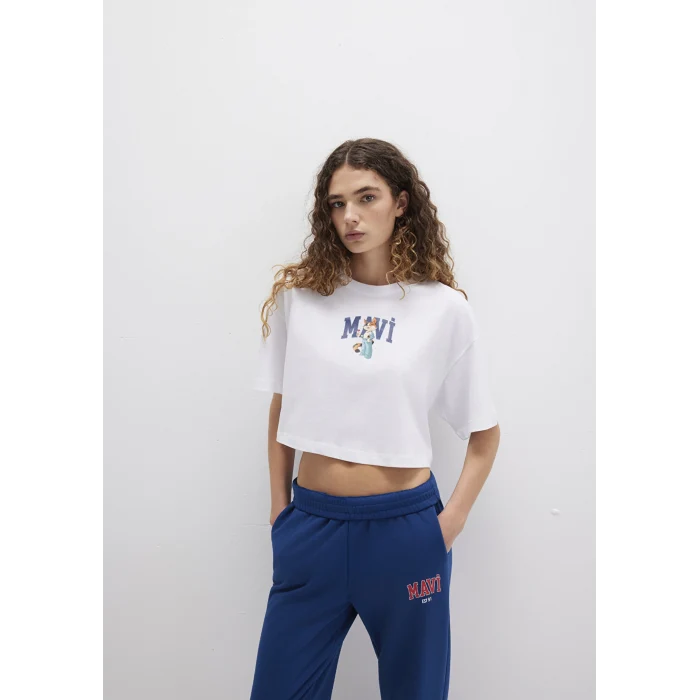 Mavi 1613284-620 Kedi Logo Baskılı Beyaz Tişört