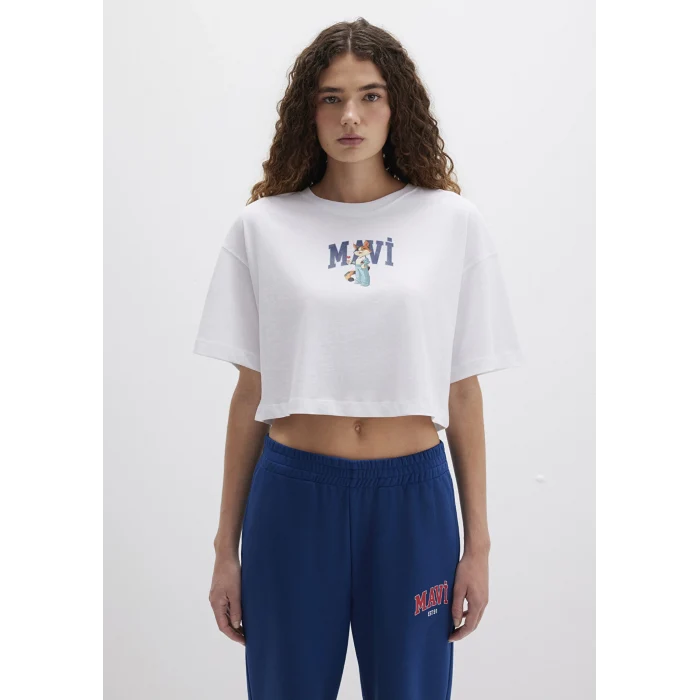 Mavi 1613284-620 Kedi Logo Baskılı Beyaz Tişört