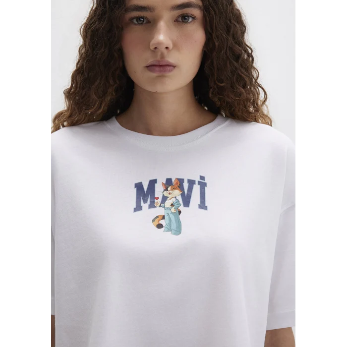 Mavi 1613284-620 Kedi Logo Baskılı Beyaz Tişört
