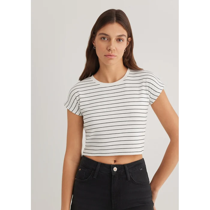 Mavi 168382-28945 Çizgili Beyaz Basic Tişört