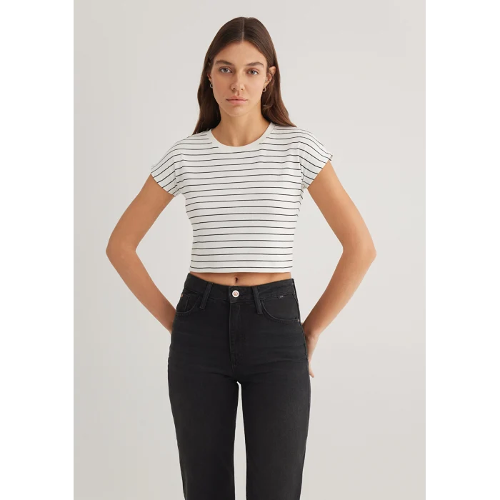 Mavi 168382-28945 Çizgili Beyaz Basic Tişört