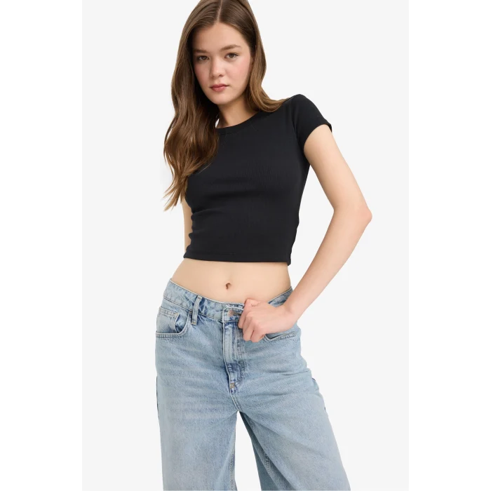 Defacto E0287 Siyah Coool Fitted Basic Düz Fitilli Kaşkorse Kısa Kollu Siyah Tişört