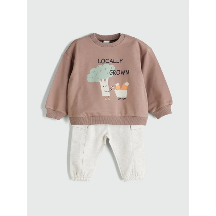 LCW baby Kahverengi Baskılı Erkek Bebek Jogger Pantolon ve Sweatshirt 2li