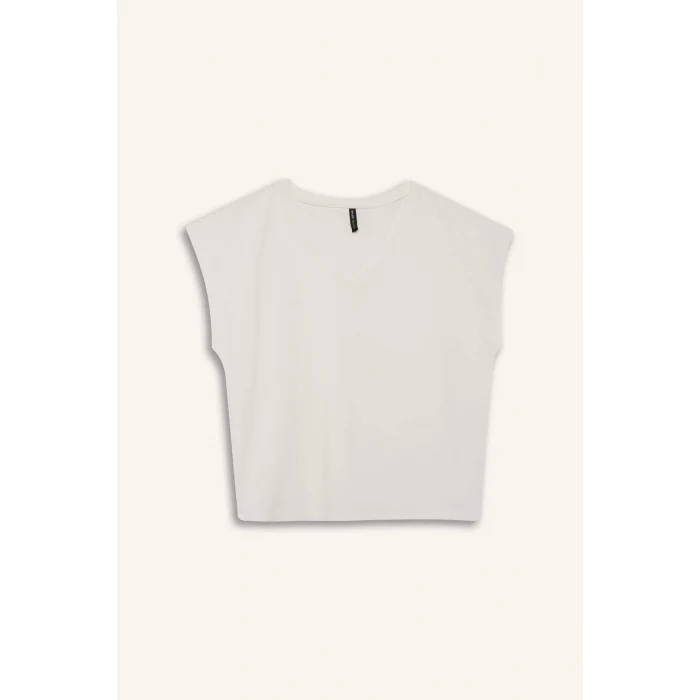 Defacto E5486 Ekru Regular Fit V Yaka Basic Düz Premium Kolsuz Tişört