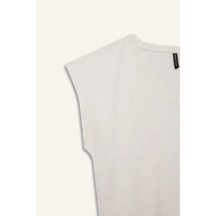 Defacto E5486 Ekru Regular Fit V Yaka Basic Düz Premium Kolsuz Tişört