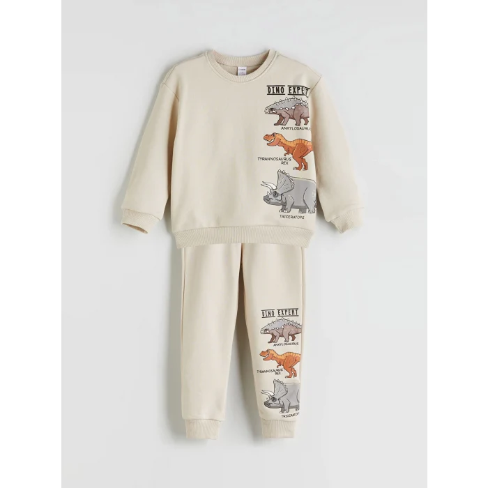 LCW Kids Bej Dinazor Baskılı Erkek Çocuk Sweatshirt ve Eşofman Alt 2li