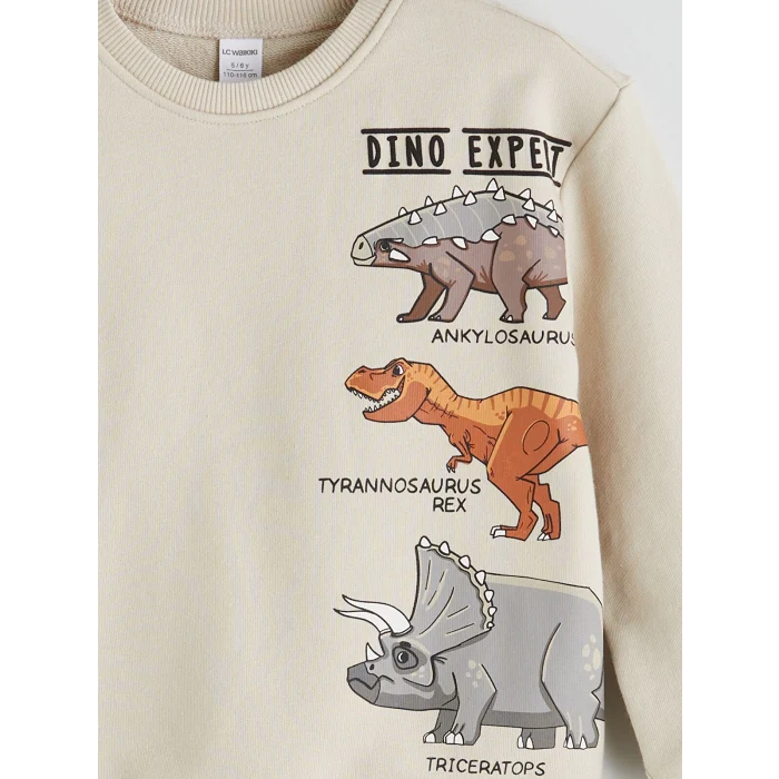 LCW Kids Bej Dinazor Baskılı Erkek Çocuk Sweatshirt ve Eşofman Alt 2li