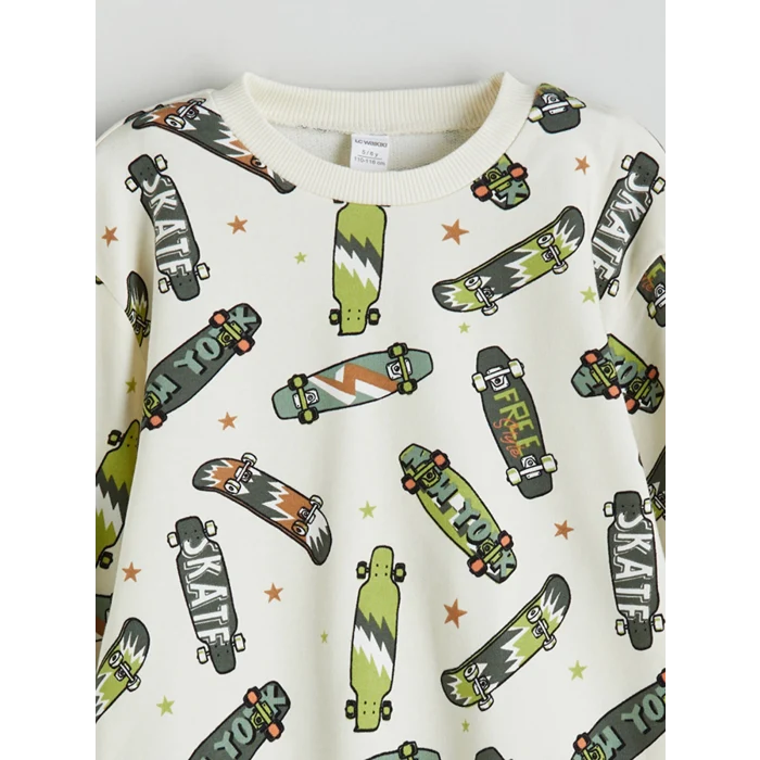 LCW Kids Bej Bisiklet Yaka Erkek Çocuk Sweatshirt ve Eşofman Alt