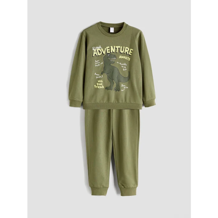 LCW Kids Haki Dinazor Baskılı Erkek Çocuk Sweatshirt ve Eşofman Alt 2li