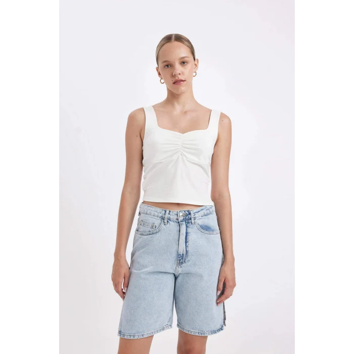 Defacto D4042 Beyaz Fitted Kalp Yaka Atlet