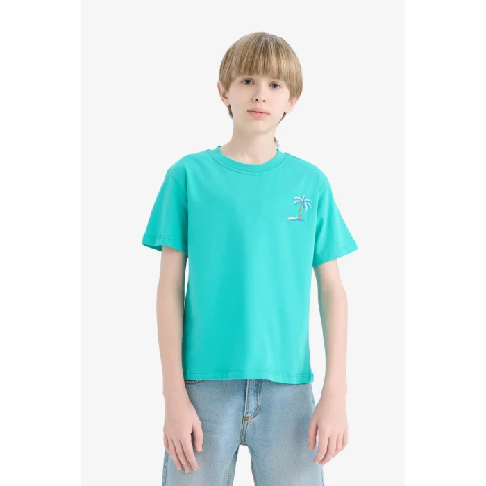 Defacto E0087 Yeşil Erkek Çocuk Bisiklet Yaka Nakışlı Kısa Kollu Tişört