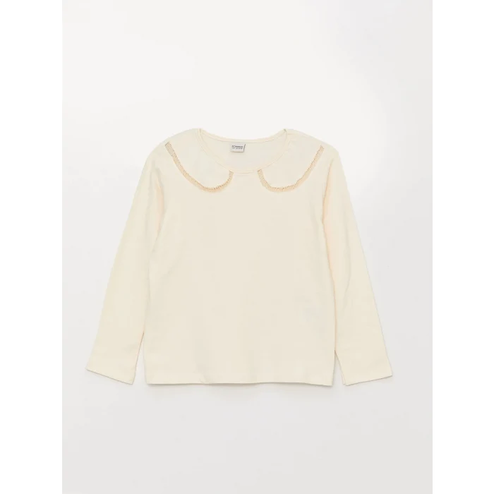 LCW Kids Ekru Bisiklet Yaka Basic Uzun Kollu Kız Çocuk Tişört