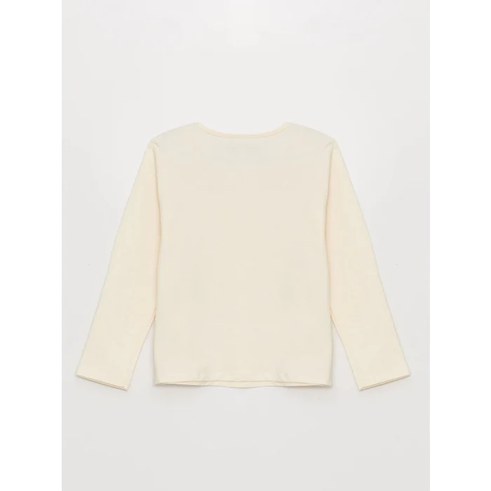 LCW Kids Ekru Bisiklet Yaka Basic Uzun Kollu Kız Çocuk Tişört