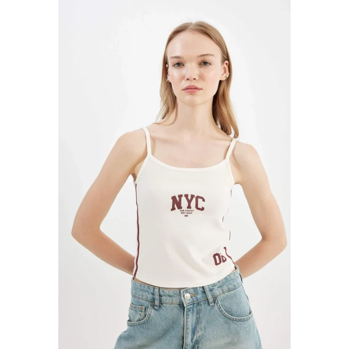 Defacto D4250 Beyaz Coool Fitted Baskılı Ribana Atlet