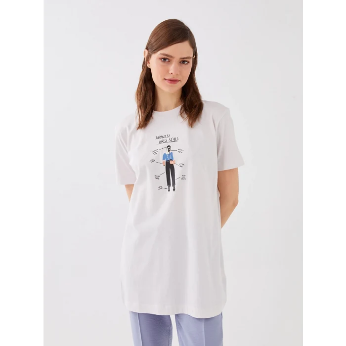 LCW Modest Gri Bisiklet Yaka Baskılı Kısa Kollu Kadın Tunik