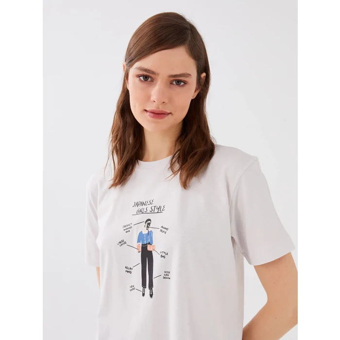 LCW Modest Gri Bisiklet Yaka Baskılı Kısa Kollu Kadın Tunik