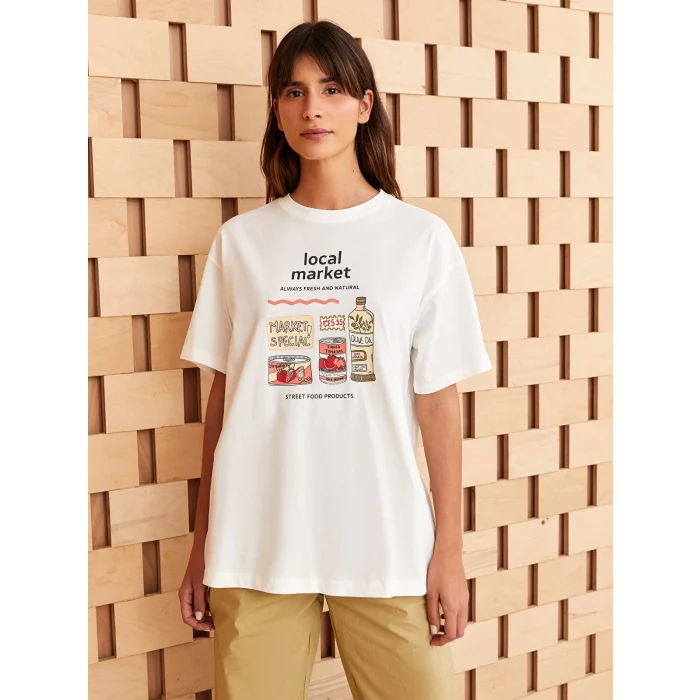 LCW Modest Ekru Bisiklet Yaka Baskılı Kısa Kollu Oversize Kadın Tunik