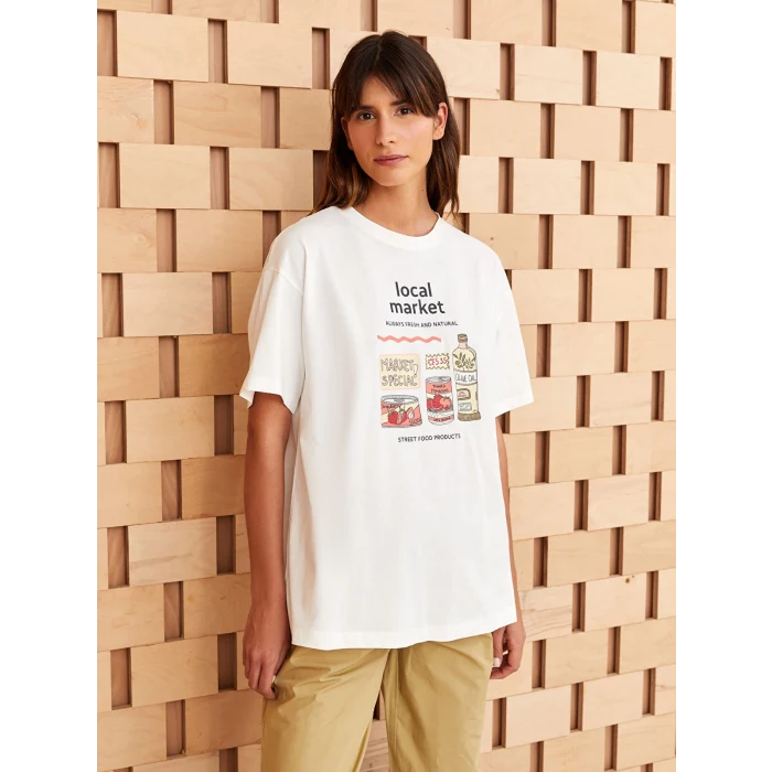 LCW Modest Ekru Bisiklet Yaka Baskılı Kısa Kollu Oversize Kadın Tunik