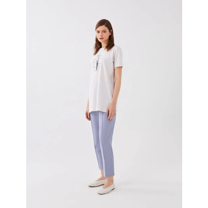 LCW Modest Gri Bisiklet Yaka Baskılı Kısa Kollu Kadın Tunik