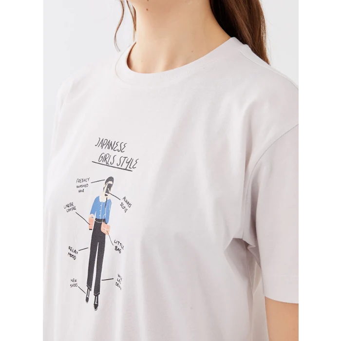 LCW Modest Gri Bisiklet Yaka Baskılı Kısa Kollu Kadın Tunik