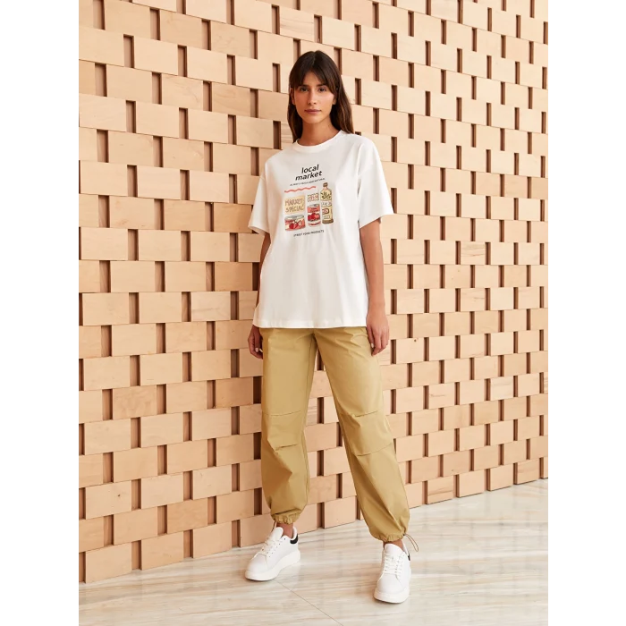 LCW Modest Ekru Bisiklet Yaka Baskılı Kısa Kollu Oversize Kadın Tunik