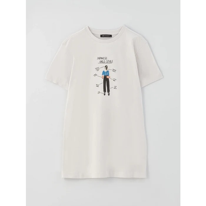 LCW Modest Gri Bisiklet Yaka Baskılı Kısa Kollu Kadın Tunik