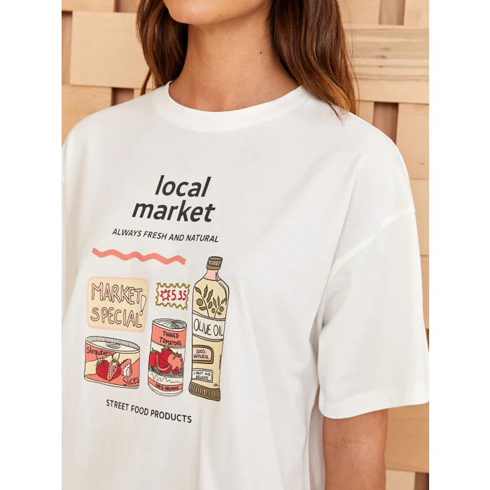 LCW Modest Ekru Bisiklet Yaka Baskılı Kısa Kollu Oversize Kadın Tunik