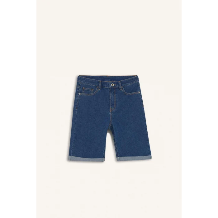 Defacto A1958 Mavi Normal Bel Katlamalı Paça Jean Bermuda Şort