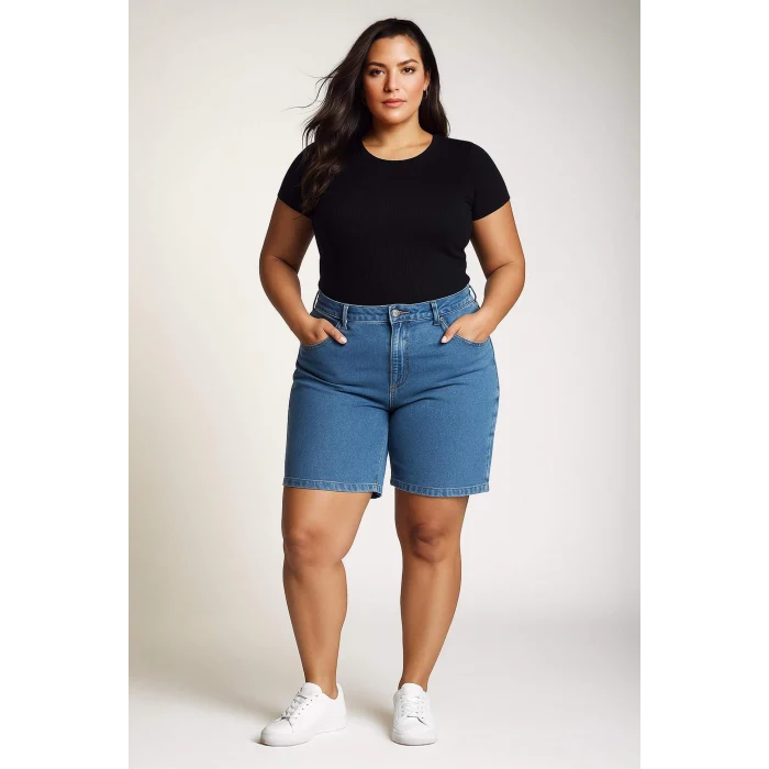 Defacto A1958 Mavi Normal Bel Katlamalı Paça Jean Bermuda Şort