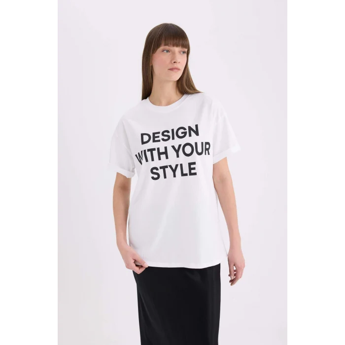 Defacto E5059 Beyaz Oversize Geniş Kalıp Bisiklet Yaka Baskılı Casual Kısa Kollu Tişört